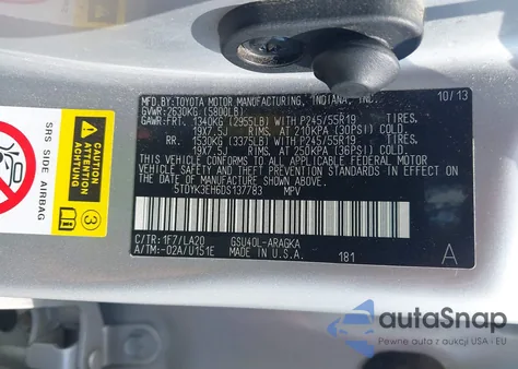 2013 Toyota Highlander Limited V6 из США, поврежденный, VIN 5TDYK3EH6DS137783